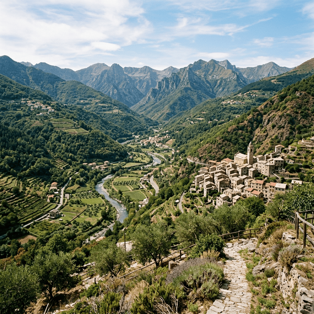 Mountain valley with winding river, terraced fields, village, and jagged peaks